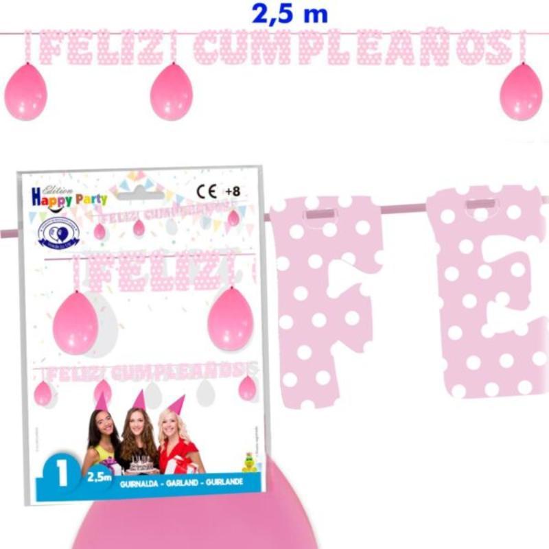 B/ GUIRNALDA FELIZ CUMPLE ROSA PUNTOS BLANCOS