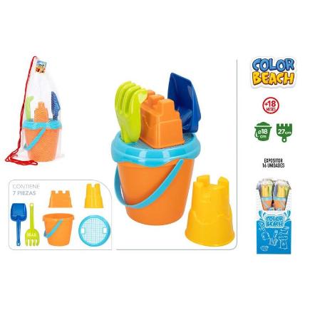 SET PLAYA CUBO 18 CM + CEDAZO + PALAS+MOLDES