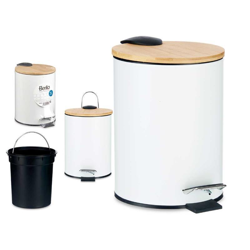 PAPELERA METAL TAPA BAMBU 3L BLANCO
