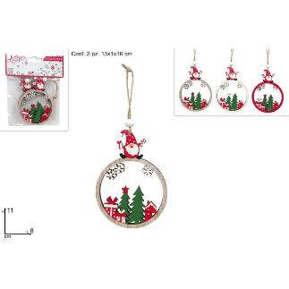 COLGANTE BOLA MADERA CON DECOR NAVIDEÑA SET 2 PIEZAS SURT