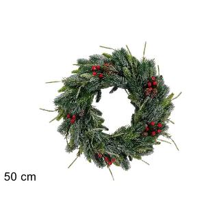 CORONA DE PUERTA 50 CM EN PVC CON BAYAS Y PIÑAS NEVADO