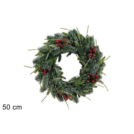 CORONA DE PUERTA 50 CM EN PVC CON BAYAS Y PIÑAS NEVADO