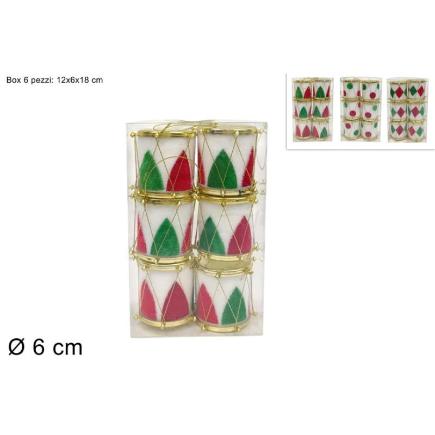 TAMBORES 6 CM 6 PIEZAS DECORACION DE ROMBOS TRICOLOR EN CAJA PVC SURT