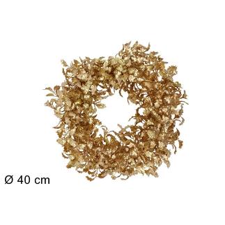 CORONA DE PUERTA 40 CM HOJAS MUERDAGO DORADAS