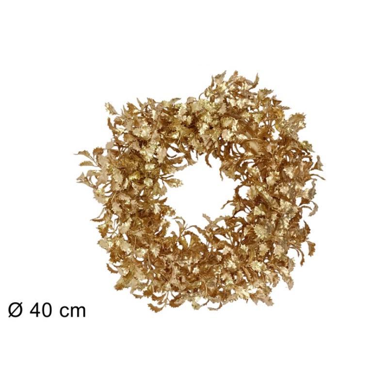 CORONA DE PUERTA 40 CM HOJAS MUERDAGO DORADAS