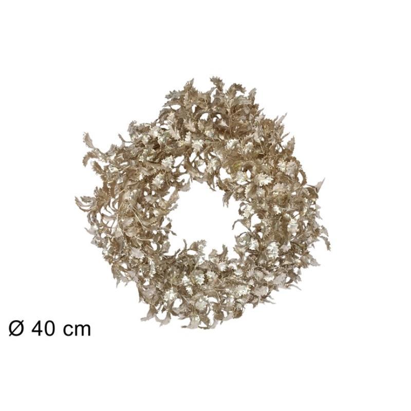 CORONA DE PUERTA 40 CM HOJAS MUERDAGO CHAMPAN