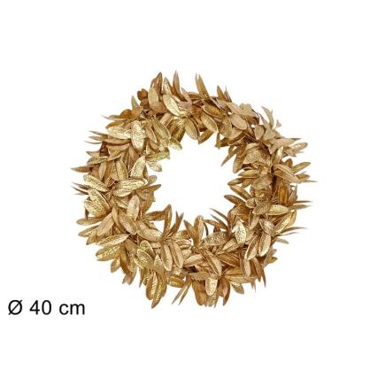 CORONA DE PUERTA 40 CM HOJAS DORADAS BRILLANTES