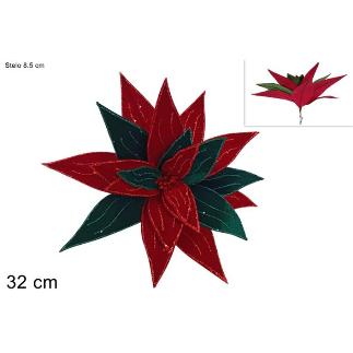 PINZA FLOR TERCIOPELO CON BRILLO 40 CM ROJO Y VERDE