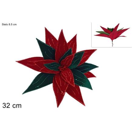 PINZA FLOR TERCIOPELO CON BRILLO 40 CM ROJO Y VERDE