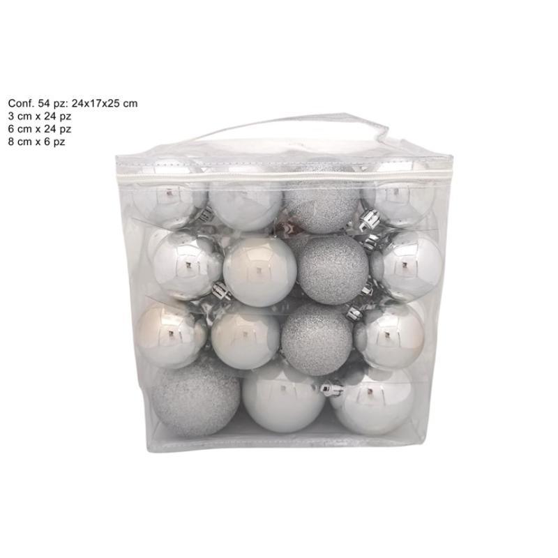 BOLAS 54 PIEZAS SURT DE MEDIDAS PLATEADAS EN BOLSA PVC