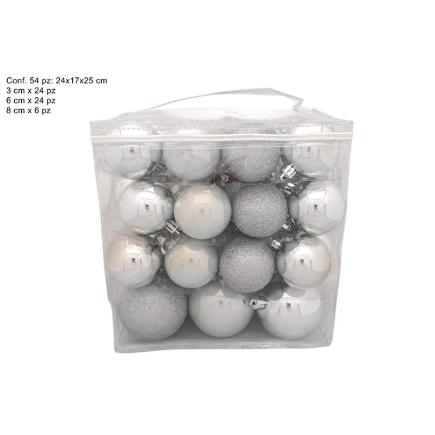BOLAS 54 PIEZAS SURT DE MEDIDAS PLATEADAS EN BOLSA PVC