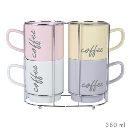 SET 4 TAZAS CAFE 380 ML EN SOPORTE METAL SPRING