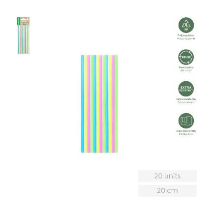 CAÑA REUTILIZABLE COLORES EN U.V 20 CM PP BOLSA 20 UDS