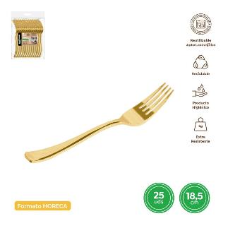 TENEDOR REUTILIZABLE ORO METALIZADO 18.5 CM 25 UDS