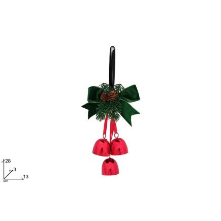COLGANTE CON 3 CAMPANILLAS ROJAS Y CON LAZO DE TERCIOPELO VERDE