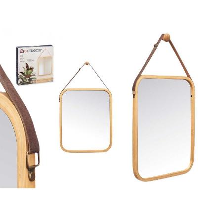 ESPEJO BAMBU RECTANGULAR 41X33 CM CORREA CUERO