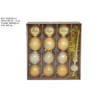 BOLAS 8 CM 12 PCS C/HILO Y PUNTAL ORO