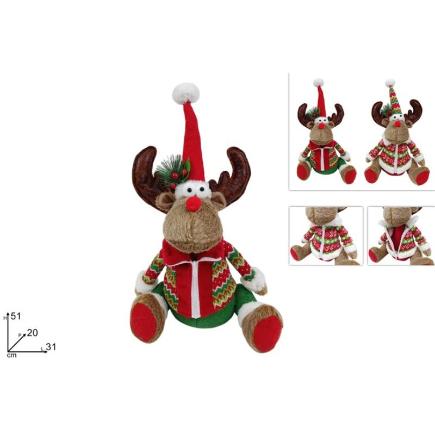 RENO NAVIDEÑO SENTADO 51 CM CON VESTD DE LANA ROJO Y VERDE SRT
