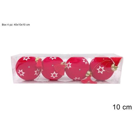 BOLAS 10 CM 4 PIEZAS FLOCADO ROJA CON ESTRELLAS Y DIAMANETES EN CAJA