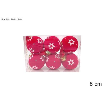 BOLAS 8 CM 6 PIEZAS FLOCADAS ROJA CON ESTRELLAS Y DIAMANTES EN CAJA