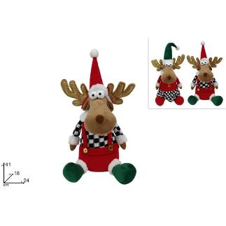 RENO SENTADO 41 CM CON VESTIDO ROJO Y VERDE CON DECORACION AJEDREZ SRT