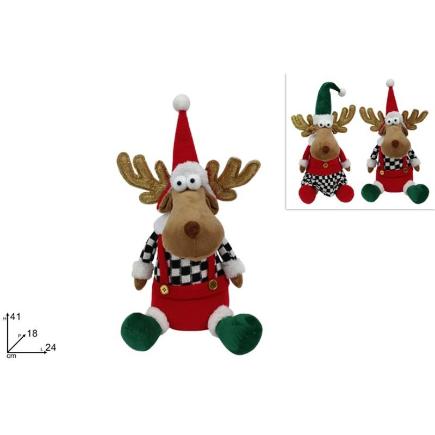 RENO SENTADO 41 CM CON VESTIDO ROJO Y VERDE CON DECORACION AJEDREZ SRT