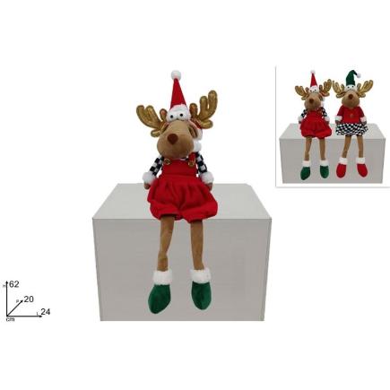RENO SENTADO 62 CM CON VESTIDO ROJO Y VERDE CON DECORACION AJEDREZ SURT