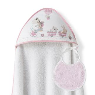 CAPA BAÑO 1X1 MOD JIRAFA BICICLETA+BABERO BCO/ROSA