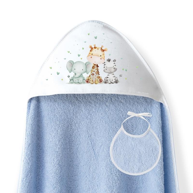 CAPA BAÑO 1X1 MOD JIRAFA ELEFANTE ESTAMPADO + BABERO AZUL