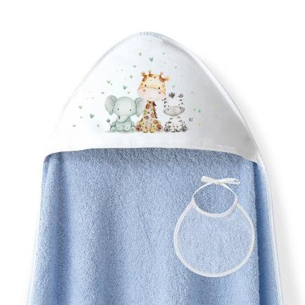 CAPA BAÑO 1X1 MOD JIRAFA ELEFANTE ESTAMPADO + BABERO AZUL