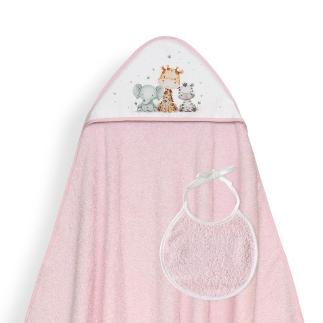 CAPA BAÑO 1X1 MOD JIRAFA ELEFANTE ESTAMPADO + BABERO ROSA