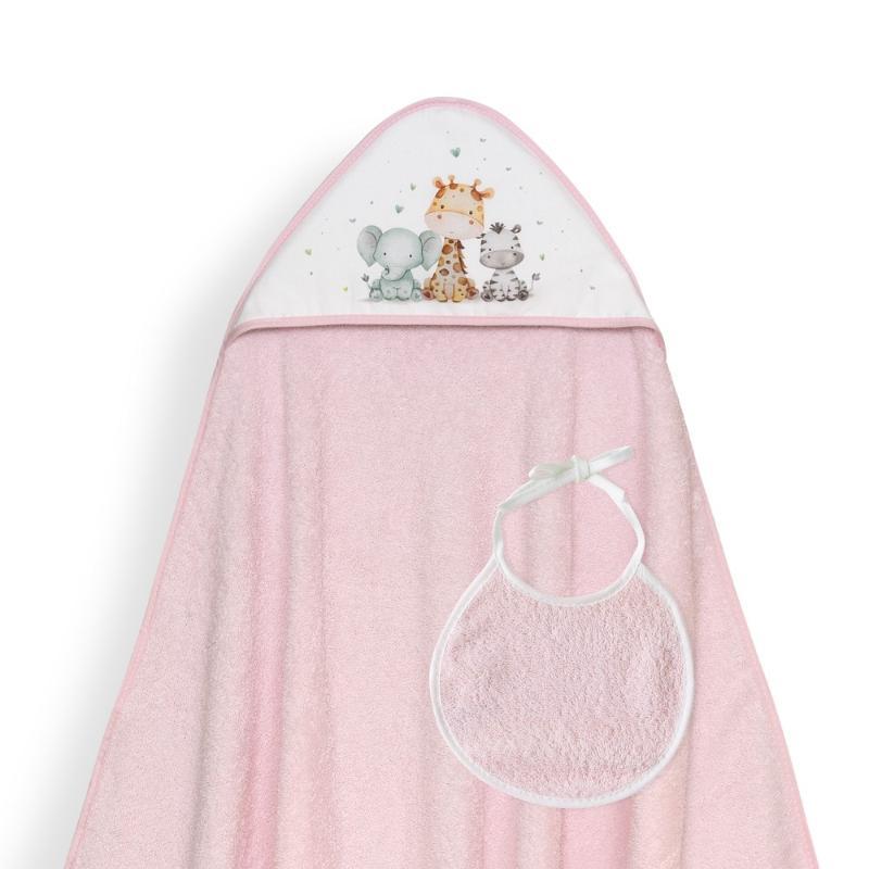 CAPA BAÑO 1X1 MOD JIRAFA ELEFANTE ESTAMPADO + BABERO ROSA
