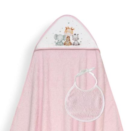 CAPA BAÑO 1X1 MOD JIRAFA ELEFANTE ESTAMPADO + BABERO ROSA