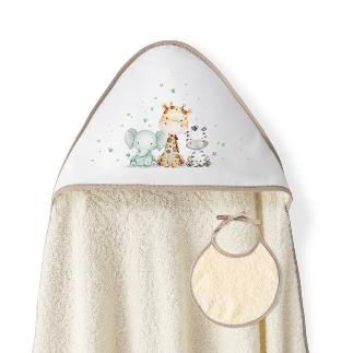 CAPA BAÑO 1X1 MOD JIRAFA ELEFANTE ESTAMPADO + BABERO BEIGE