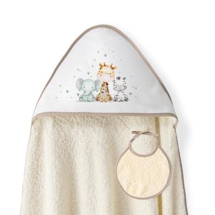 CAPA BAÑO 1X1 MOD JIRAFA ELEFANTE ESTAMPADO + BABERO BEIGE