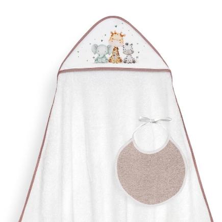 CAPA BAÑO 1X1 MOD JIRAFA ELEFANTE ESTAMPADO + BABERO BCO/MAQUILLAJE