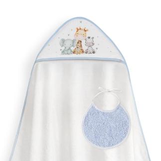 CAPA BAÑO 1X1 MOD JIRAFA ELEFANTE ESTAMPADO + BABERO BCO/AZUL