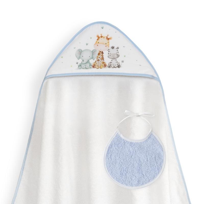 CAPA BAÑO 1X1 MOD JIRAFA ELEFANTE ESTAMPADO + BABERO BCO/AZUL