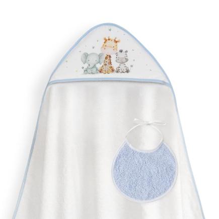 CAPA BAÑO 1X1 MOD JIRAFA ELEFANTE ESTAMPADO + BABERO BCO/AZUL