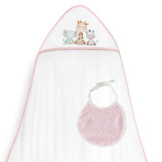 CAPA BAÑO 1X1 MOD JIRAFA ELEFANTE ESTAMPADO + BABERO BCO/ROSA