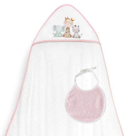 CAPA BAÑO 1X1 MOD JIRAFA ELEFANTE ESTAMPADO + BABERO BCO/ROSA