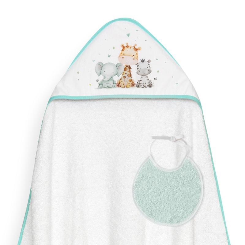 CAPA BAÑO 1X1 MOD JIRAFA ELEFANTE ESTAMPADO + BABERO BCO/VERDE