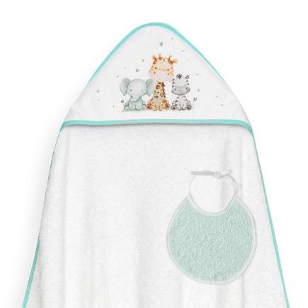 CAPA BAÑO 1X1 MOD JIRAFA ELEFANTE ESTAMPADO + BABERO BCO/VERDE