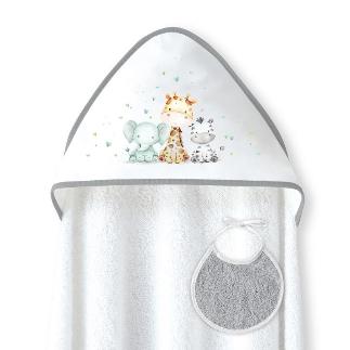CAPA BAÑO 1X1 MOD JIRAFA ELEFANTE ESTAMPADO + BABERO BCO/GRIS