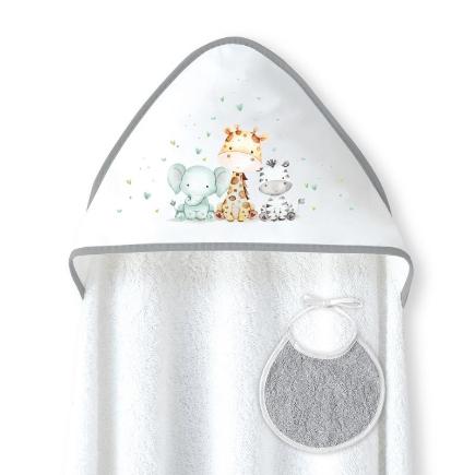 CAPA BAÑO 1X1 MOD JIRAFA ELEFANTE ESTAMPADO + BABERO BCO/GRIS