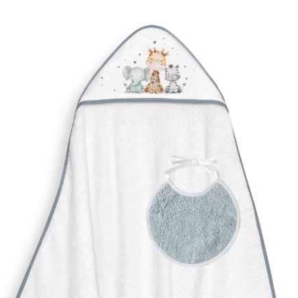 CAPA BAÑO 1X1 MOD JIRAFA ELEFANTE ESTAMPADO + BABERO BCO/PETROLEO
