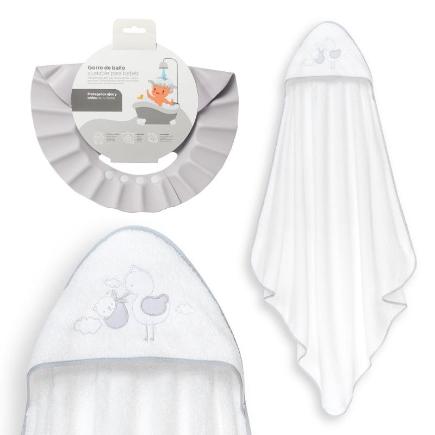 CAPA BAÑO 1X1 MOD CIGUEÑA OSO+GORRO BCO/GRIS