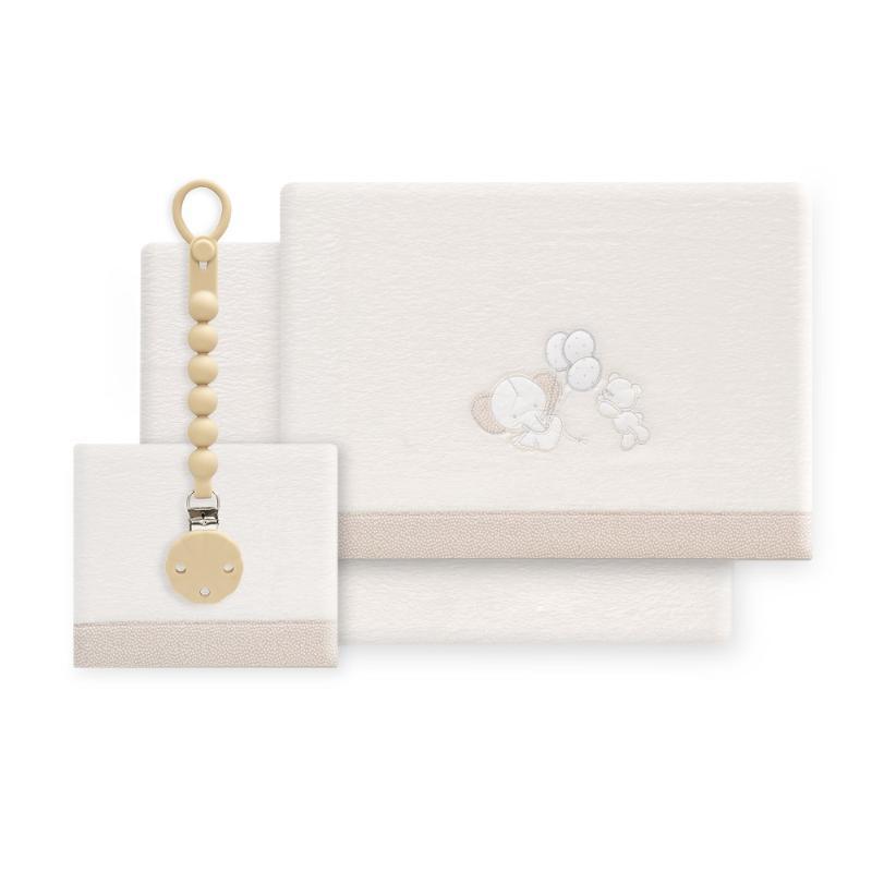 TRIPTICO CUNA CORALINA OSO ELEFANTE GLOBOS+BROCHE BEIGE