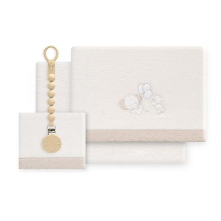 TRIPTICO CUNA CORALINA OSO ELEFANTE GLOBOS+BROCHE BEIGE