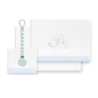 TRIPTICO CUNA CORALINA OSO ELEFANTE GLOBOS+BROCHE BCO/AZUL